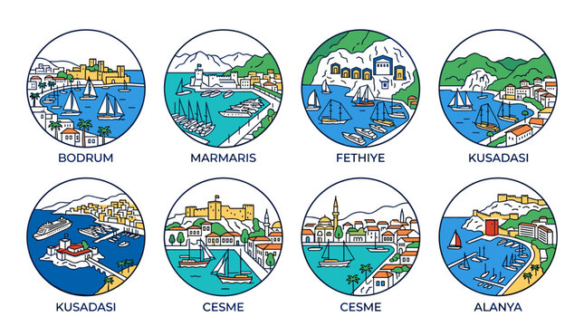 Colorful Line Art Vector Set of Turkish Coastal City Landmark Badges with Mediterranean and Aegean Seascapes