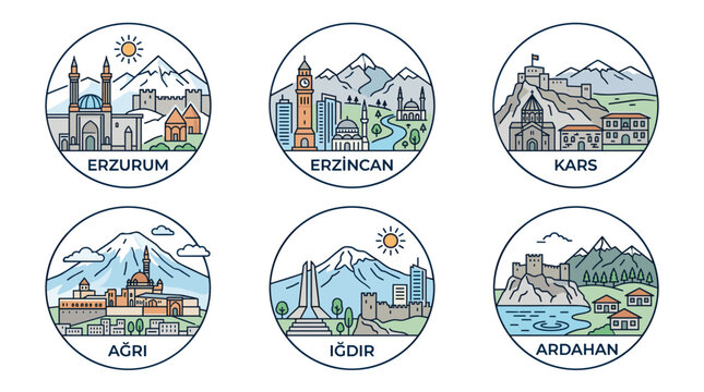 Colorful Minimal Line Art Vector Collection of Eastern Turkey City Landmark Icons in Circular Badge Style