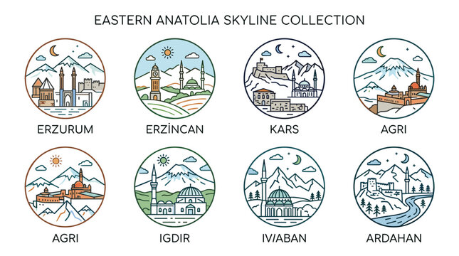 Colorful Eastern Anatolia Skyline Collection with Circular Landmark Icons Featuring Erzurum Erzincan Kars Agri Igdir Van and Ardahan Vector Illustration