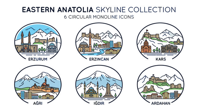 Colorful Eastern Anatolia Skyline Collection with Circular Landmark Icons Featuring Erzurum Erzincan Kars Agri Igdir and Ardahan Vector Illustration