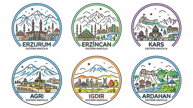 Colorful Minimal Line Art Vector Icon Set of Eastern Anatolia Turkey City Skylines in Circular Frames with Blue Green Purple and Orange Palette