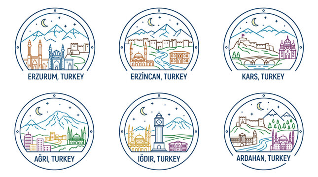 Colorful Minimal Outline Vector Icon Set of Eastern Turkey City Skylines in Circular Frames with Blue Green Purple and Orange Palette