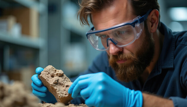 Scientist wears goggles and blue gloves studying rock sample. Bearded man works in lab, examining material for research. Close up focus on careful observation and analysis of earth science.