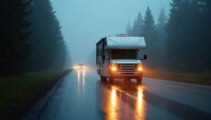 Obraz premium White recreational vehicle drives on wet asphalt road during heavy rainstorm at night. Camper van travels along pine forest highway with bright headlights glowing on dark surface. Moody atmosphere