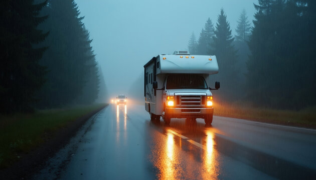 White recreational vehicle drives on wet asphalt road during heavy rainstorm at night. Camper van travels along pine forest highway with bright headlights glowing on dark surface. Moody atmosphere