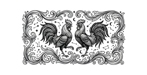 Vintage Rooster Woodcut Illustration in Ornate Frame © Nabilah