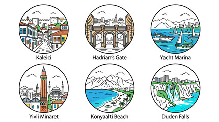 Obraz premium Colorful Circular Antalya Landmark Icons Set Featuring Kaleici Hadrian's Gate Yacht Marina Yivli Minaret Konyaalti Beach and Duden Falls Vector Illustration