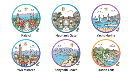 Obraz premium Colorful Circular Antalya Landmark Icons Set Featuring Kaleici Hadrian's Gate Yacht Marina Yivli Minaret Konyaalti Beach and Duden Falls Vector Illustration