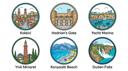 Obraz premium Colorful Circular Antalya Landmark Icons Set Featuring Kaleici Hadrian's Gate Yacht Marina Yivli Minaret Konyaalti Beach and Duden Falls Vector Illustration