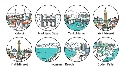 Obraz premium Colorful Circular Antalya Landmark Icons Set Featuring Kaleici Hadrian's Gate Yacht Marina Yivli Minaret Konyaalti Beach and Duden Falls Vector Illustration