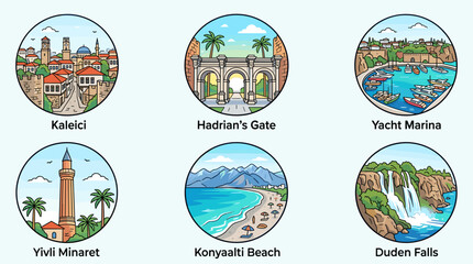 Obraz premium Colorful Minimal Line Art Vector Icon Set of Antalya Turkey Landmarks in Circular Frames with Blue Green and Brown Palette