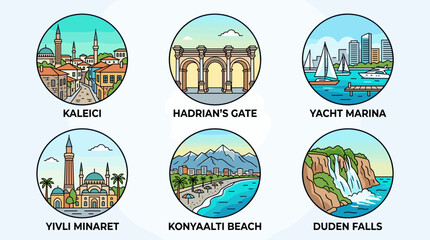 Obraz premium Colorful Minimal Line Art Vector Icon Set of Antalya Turkey Landmarks in Circular Frames with Turquoise Blue Green and Brown Palette
