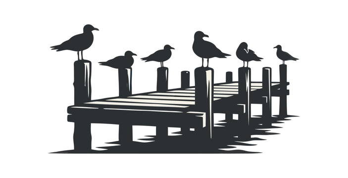 Seagulls on Wooden Pier Vector Illustration