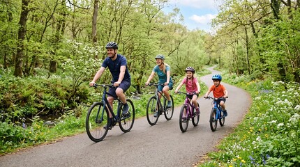 Fototapeta premium Happy family cycling together on a scenic forest path surrounded by lush green trees and wildflowers