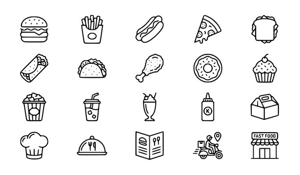 Junk food flat line icon set with burger pizza fries and burrito vector