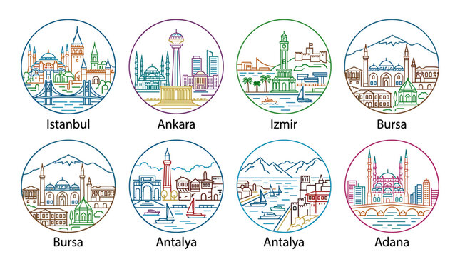 Turkey City Skyline Travel Icon Set &ndash; Gradient Outline Famous Turkish Cities Vector Illustration
