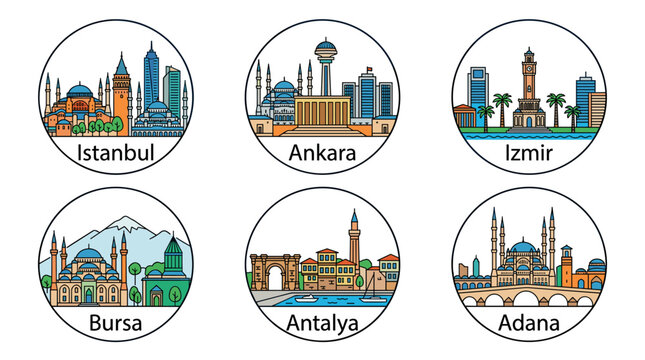 Turkey City Skyline Travel Icon Set &ndash; Istanbul Ankara Izmir Bursa Antalya Adana Vector Illustration