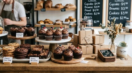 Obraz premium Assorted Baked Goods Displayed On Wooden Counter In Bakery For Food Concepts