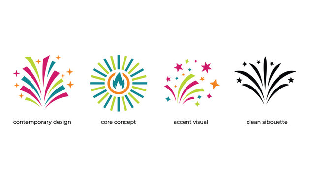 Four diverse firework and spark celebration logo designs featuring contemporary styles and clean silhouettes for festive holiday branding projects.