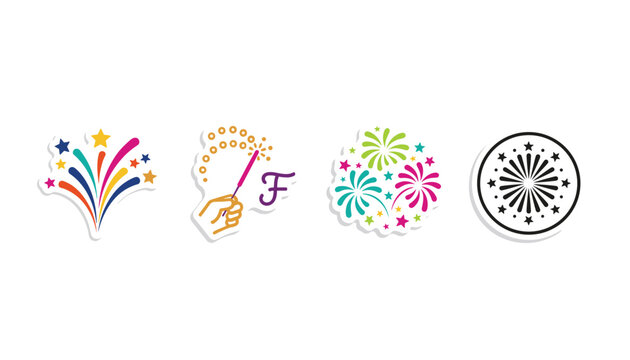 Festive celebration icon set featuring sparkling fireworks and a hand holding a lit sparkler for party and event graphic design.