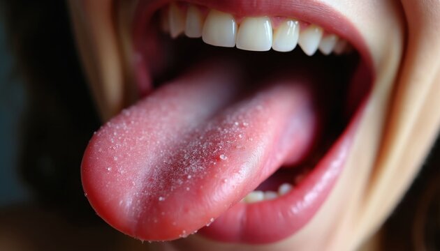 Macro close up of human tongue showing texture, taste buds. Oral cavity health check with visible papillae for medical research. Open mouth anatomy study with teeth background. Pink biological