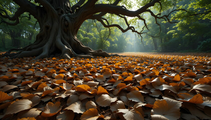 Fototapeta premium Earthy Brown Leaf Blanket Beneath Gnarled Tree In Sunlight Landscape Image