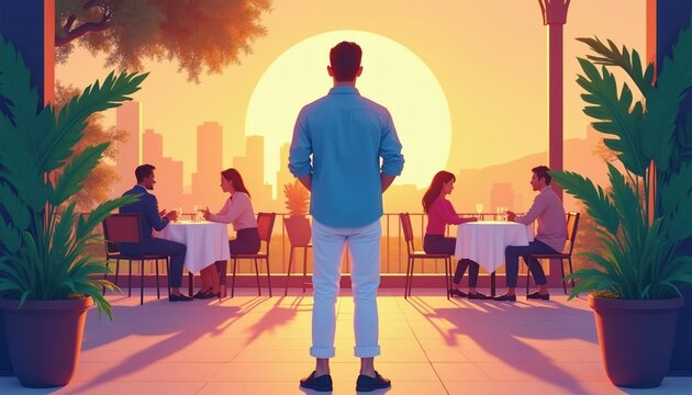 Man in blue shirt stands on outdoor restaurant terrace during sunset. People sit at tables enjoy dinner date in summer evening. Tropical plants decorate cafe space near city skyline. Modern urban
