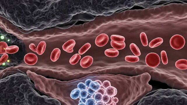 Conceptual Visualization of Red Blood Cell Production in Bone Marrow Highlighting Cellular Activity in a Vascular Environment with Animated Particles