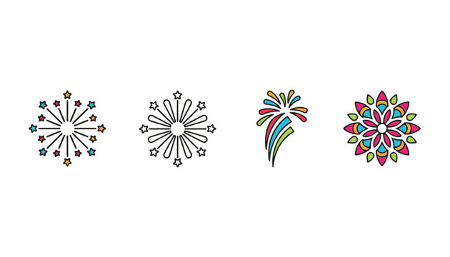Variety of fireworks display icons featuring star bursts, circular patterns, floral explosions, and colorful abstract spark designs.