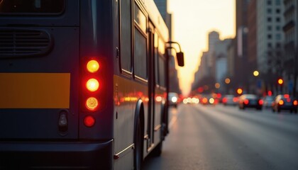 Fototapeta premium City bus stops on urban street with bright red brake lights at dusk. Public transport vehicle waits on busy road in evening traffic. Blurred buildings stand along highway commuters travel home.