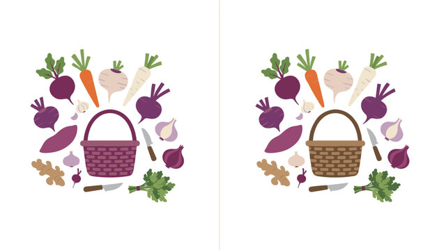 Fresh harvest vegetables and gardening tools arranged around a rustic wicker basket in a flat colorful design style.