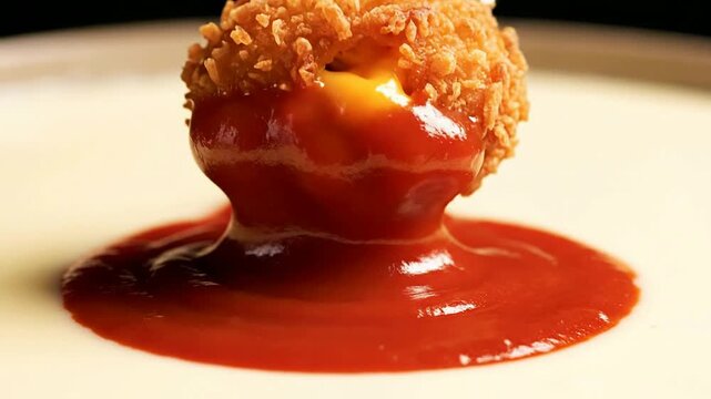 Crispy Fried Mac And Cheese Bite Dipping Into Rich Red Sauce On A Pale Plate Ideal For Culinary Projects
