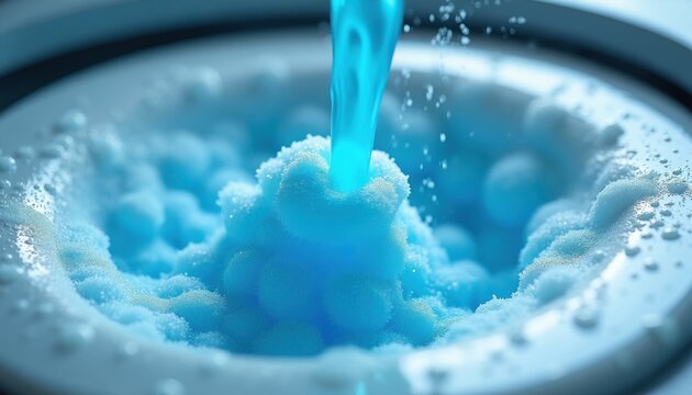 Blue liquid detergent pours into washing machine drawer. Concentrated soap creates white bubbles, foam inside household appliance. Routine laundry chores cleaning fabric, apparel clothes. Chemical