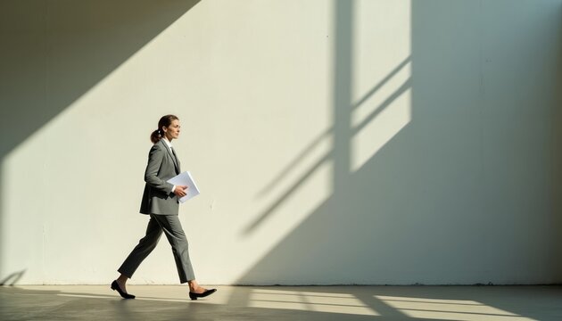 Businesswoman walks along white wall holding white documents. Female manager in grey formal suit strides across office floor during workday. Successful career woman moves forward in sunlight with