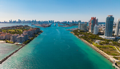 Top view of South Miami Beach. Scenic drone view of Miamis famous coastline. Miami Beach skyline with skyscrapers. Aerial view of Miami Beach in summer.