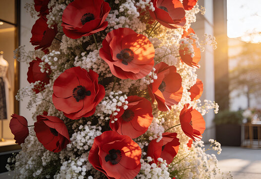 Red poppy floral display outside boutique, giant paper flowers, white baby breath arrangement, street decoration, red poppy, floral display, shop entrance decor, outdoor blooms, summer sun, flower art