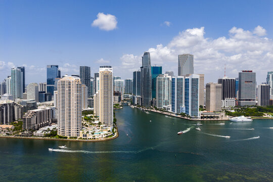 Miami cityscape with residential towers. Miami waterfront panorama. Miami panorama with skyscrapers. Miami skyline with Brickell view.