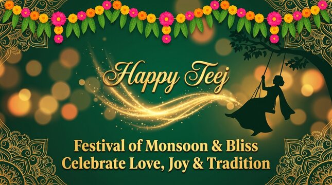 Happy Hartalika Teej festival greeting design with floral decoration and traditional Indian festive elements