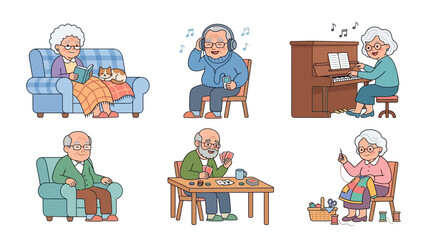 Naklejka na ściany i meble elderly people engaging in musical activities and leisure at home with pets and technology for relaxation and companionship