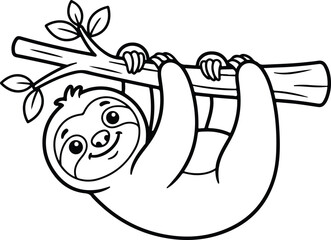 Fototapeta premium Cute baby sloth hanging from a tree branch. Outline drawing for kids coloring book activity.