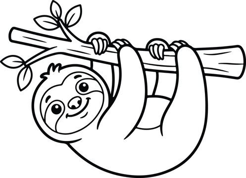 Cute baby sloth hanging from a tree branch. Outline drawing for kids coloring book activity.