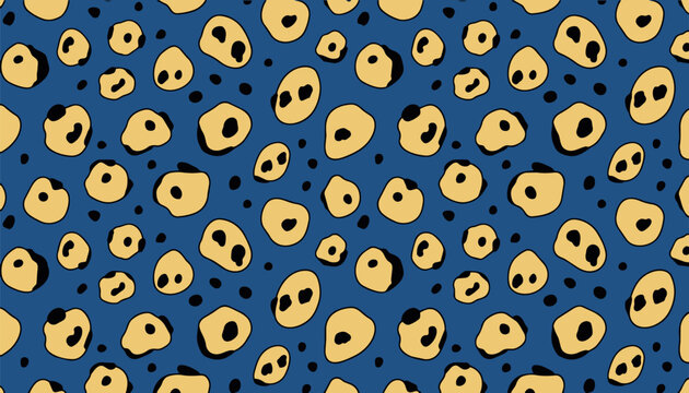 Seamless Repeating Pattern Featuring Golden Yellow Organic Blob Shapes With Black Ink-Style Accents On A Deep Blue Field