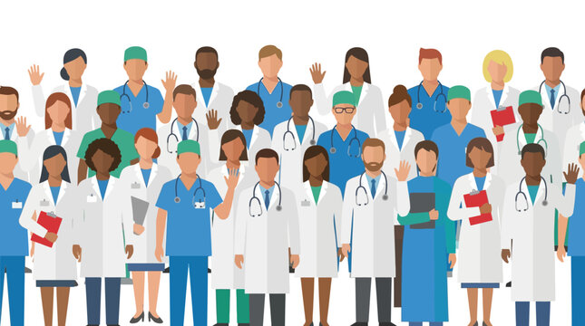 Medical professionals gathered in a hospital setting showing diversity and teamwork among doctors and nurses