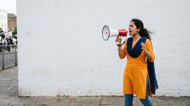 Young Indian woman in an orange tunic shouting into a megaphone beside a white wall Wallpaper Background image