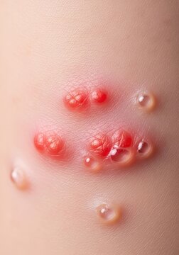 Close-up view of red bumps and small fluid-filled blisters on soft skin, representing a viral infection and common medical illness symptoms, skin, condition, care