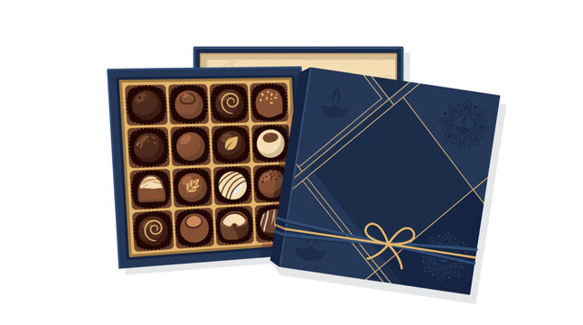 Assortment of gourmet chocolates in an open dark blue gift box with a ribbon and decorative patterns