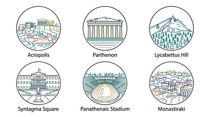 Obraz premium Pastel Minimal Line Art Vector Icon Set of Athens Greece Landmarks in Circular Frames with Blue Green and Pink Colors