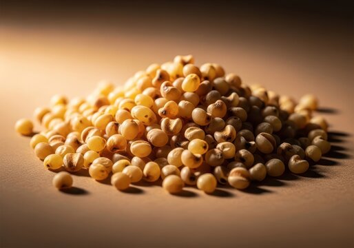 Macro shot of golden millet grains piled together, showcasing their smooth round texture and warm earthy tones in soft natural light, botanical, yellow, dry