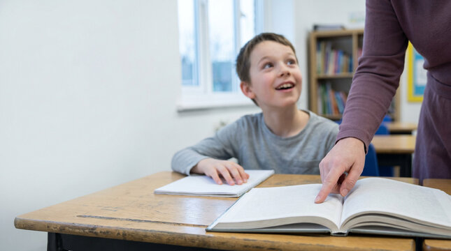 Young boy smiling while learning from book in classroom setting  