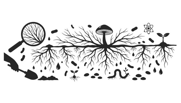 Soil science and rhizosphere ecology icons showing root systems, fungal mycelium, magnifying glass, microorganisms, and garden planting tools.